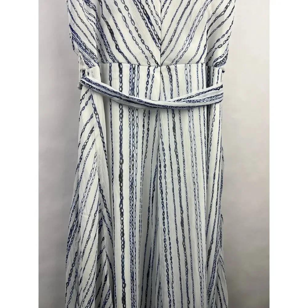 DKNY Wrap Dress, Blue White Chain Stripe, Sleeveless, Belted Asymmetrical Hem - Picture 10 of 13